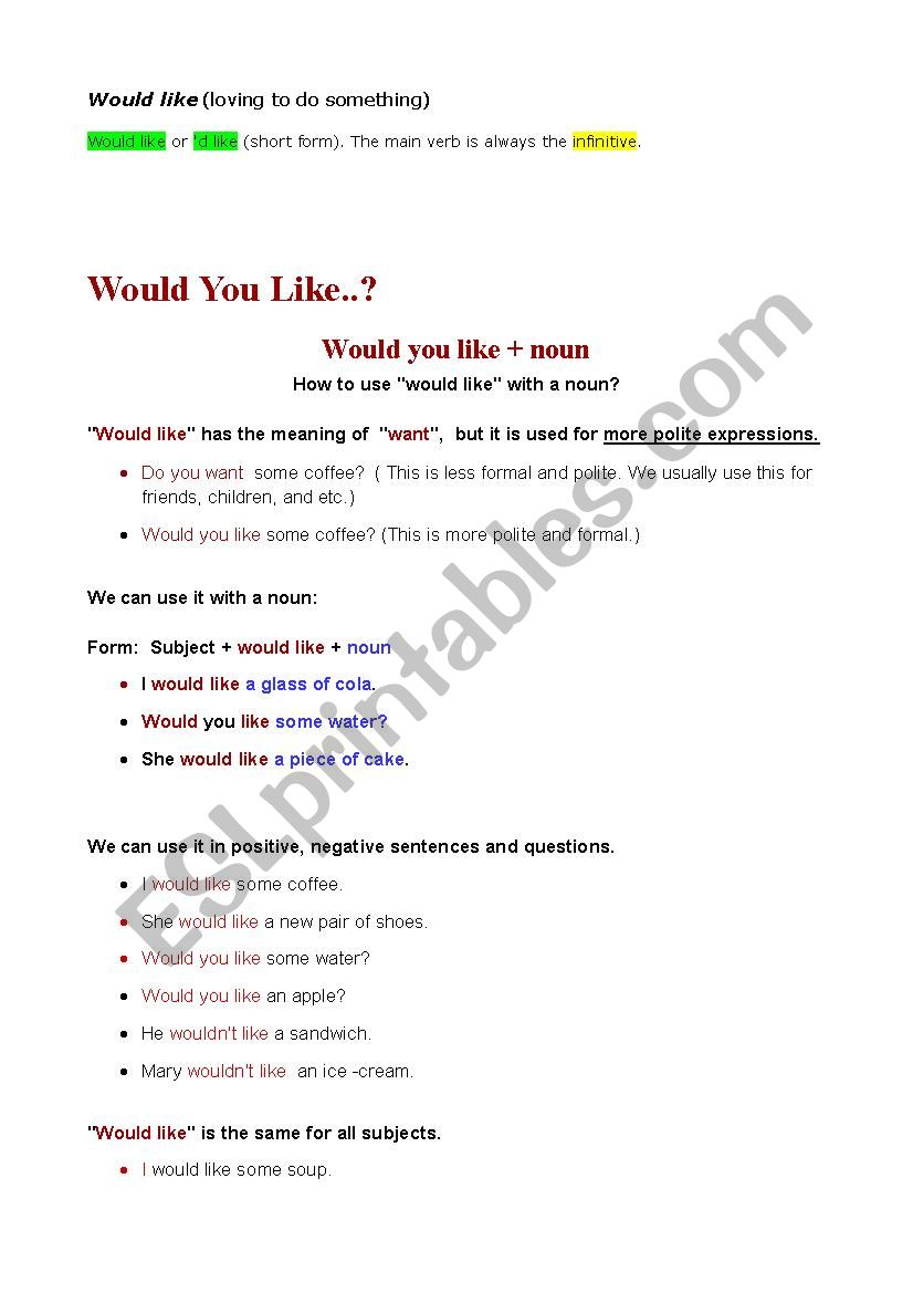 Would like & likeÂ  worksheet